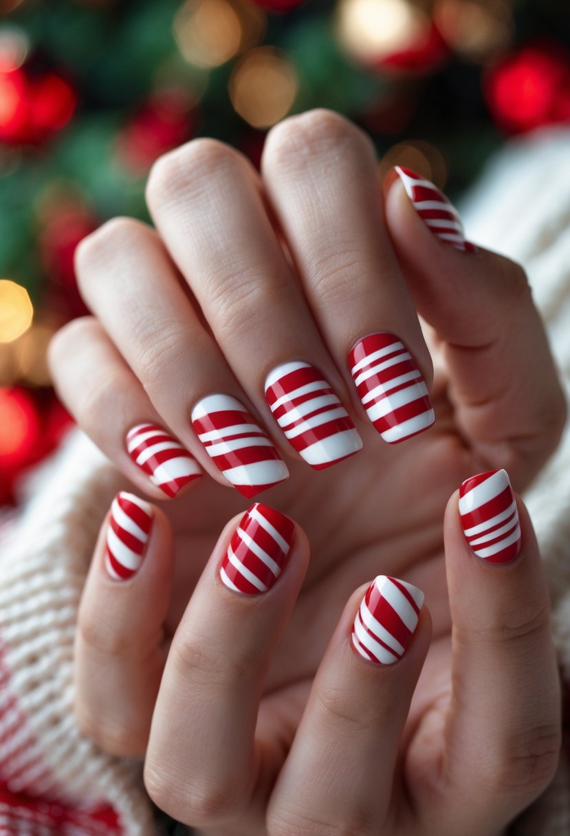 Close-up of hands with square-shaped nails painted in red and white peppermint stripe design.
