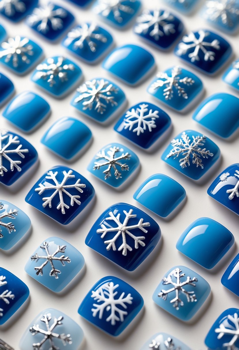 A set of 24 square-shaped artificial nails painted icy blue with silver snowflake decorations arranged on a white background.