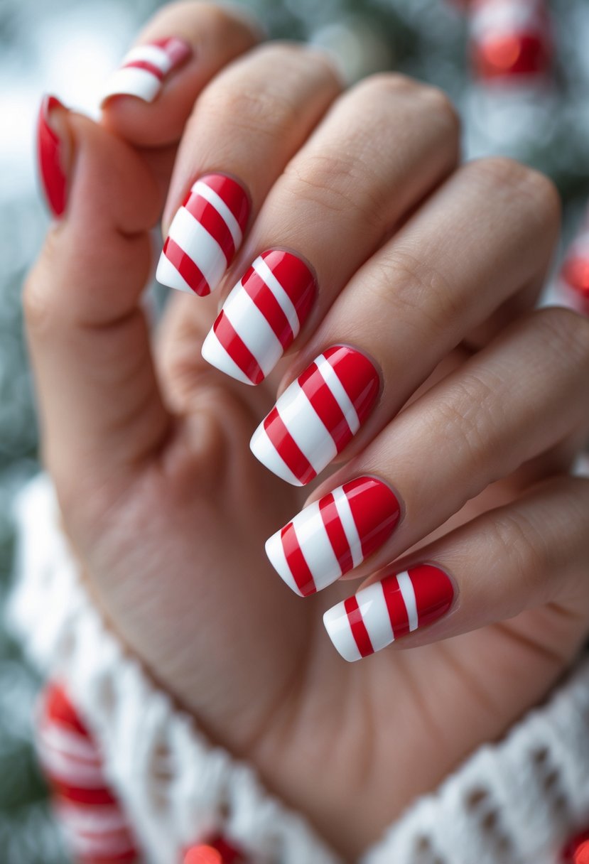 Close-up of a hand with square-shaped nails painted in red and white candy cane patterns.
