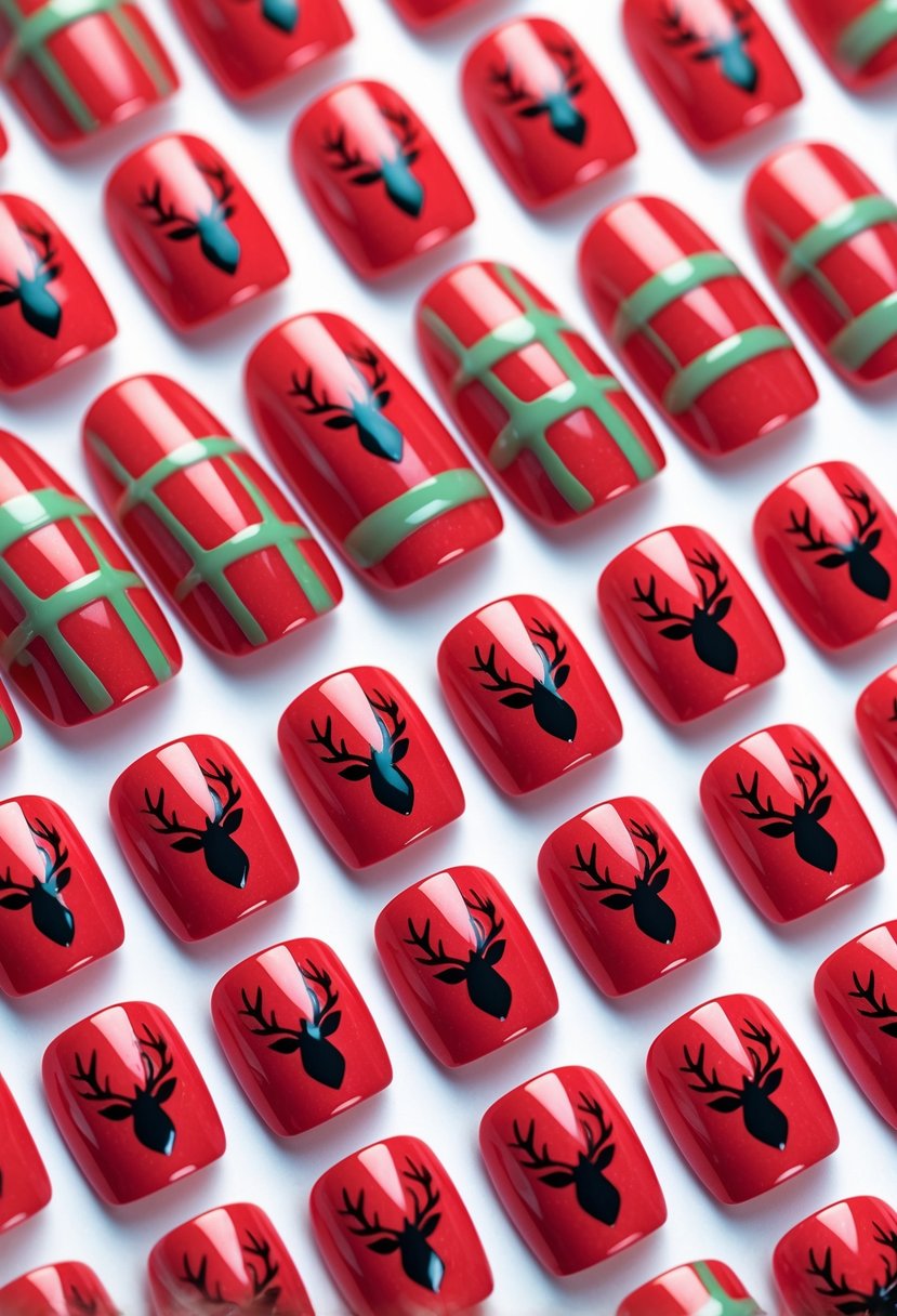 Close-up of 24 square-shaped red nails with black reindeer silhouettes arranged in rows.