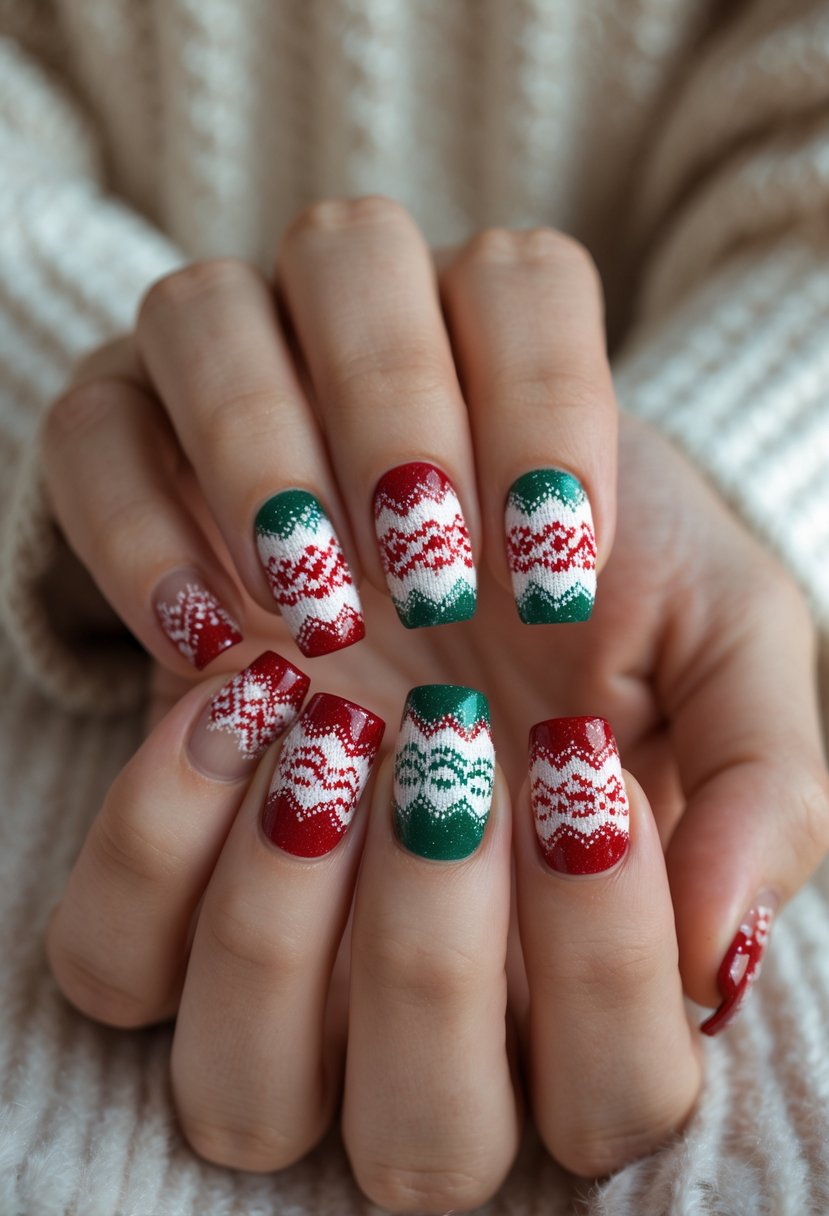 Close-up of hands with square-shaped nails painted in a Christmas sweater knit pattern.