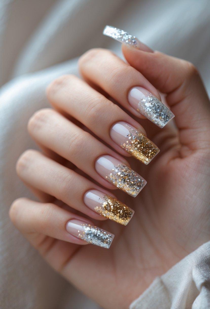 Close-up of a hand with square-shaped nails featuring transparent tips with glitter gradient.