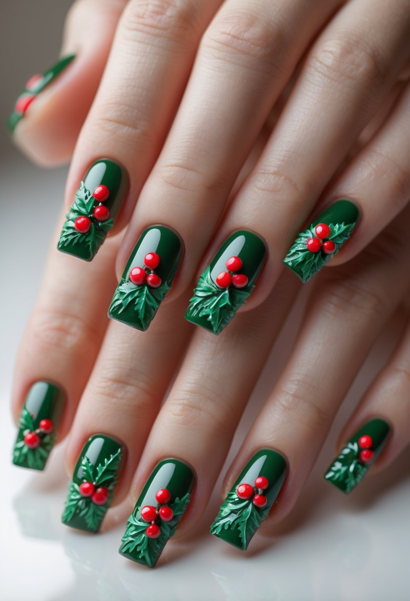Close-up of hands with square-shaped nails decorated with holly berries and green leaves.