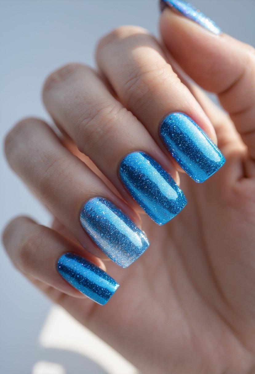 Close-up of a hand with square-shaped nails painted blue with frosted glitter.