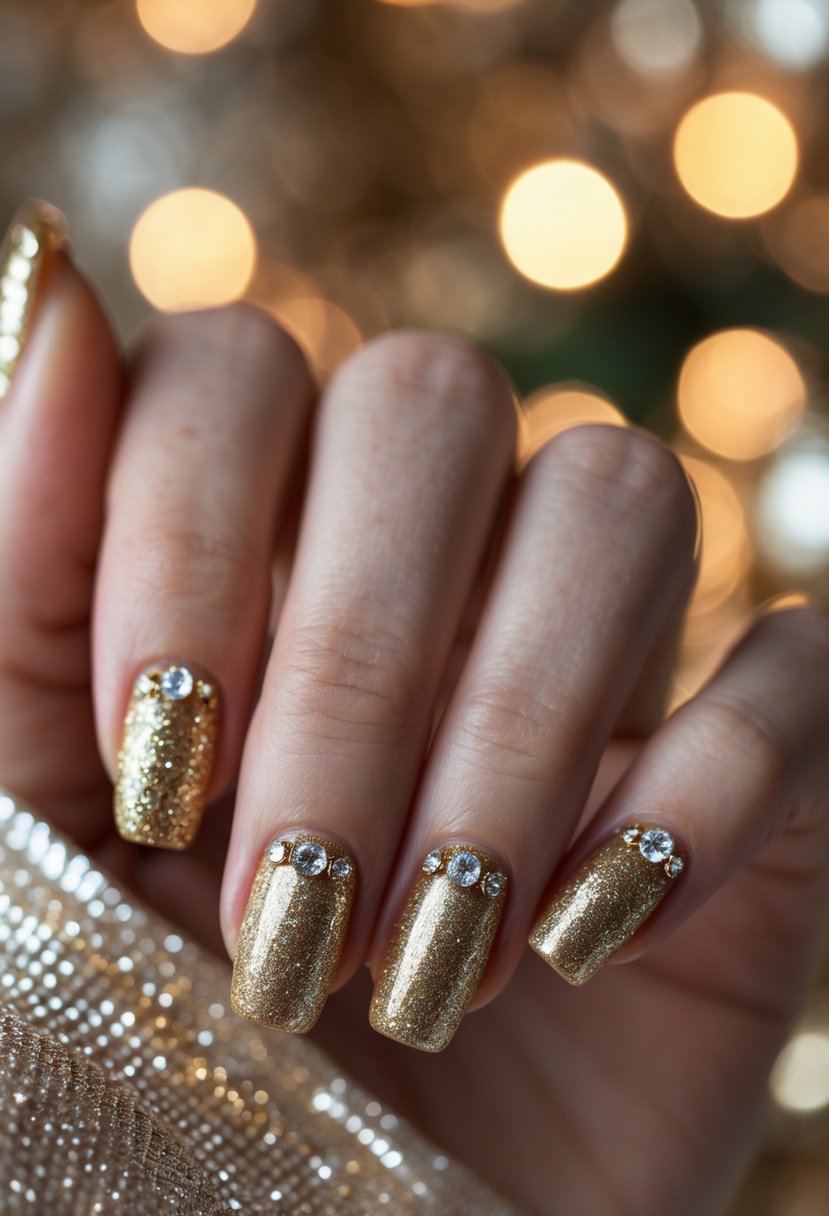 Close-up of a hand with square-shaped glittery gold nails decorated with rhinestones.