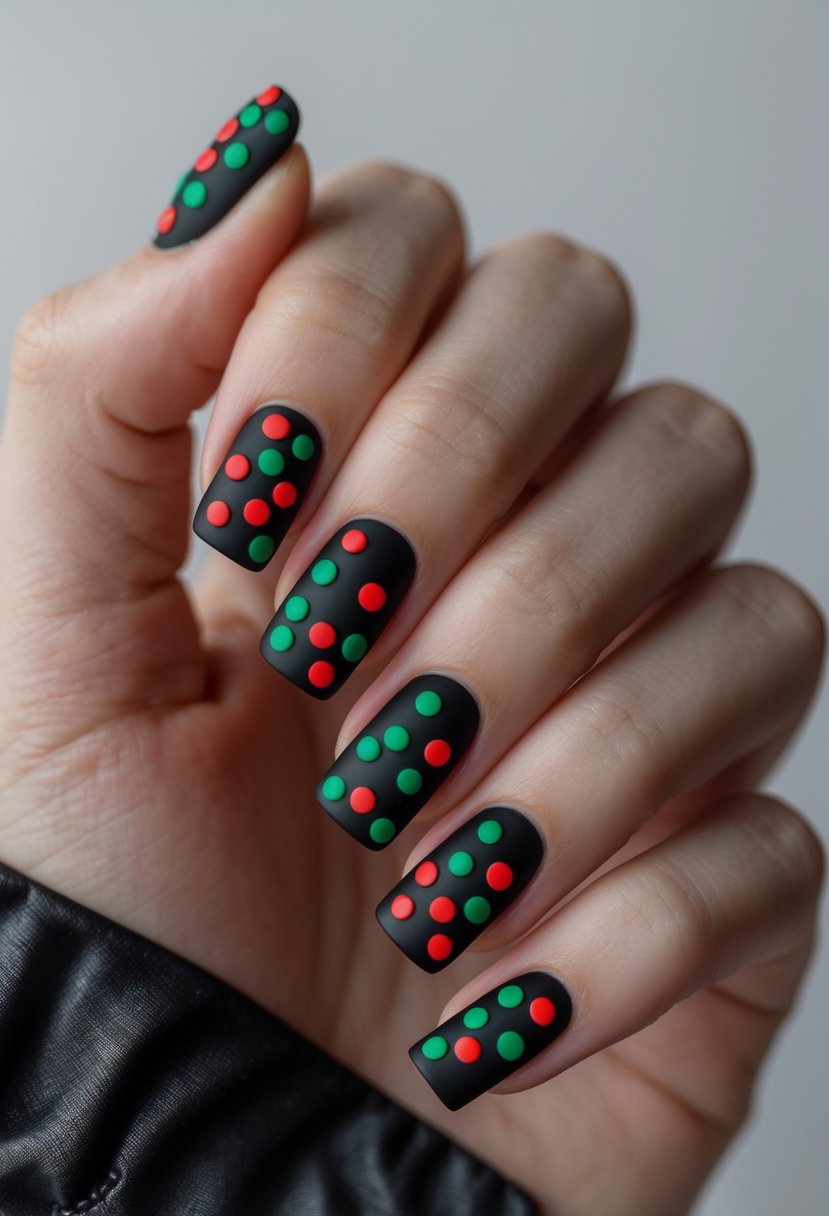 Close-up of a hand with square-shaped matte black nails decorated with red and green dots.