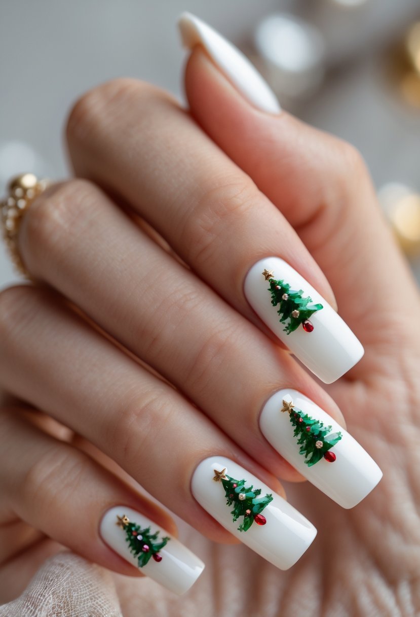 Close-up of a hand with square-shaped white nails decorated with small Christmas tree designs.
