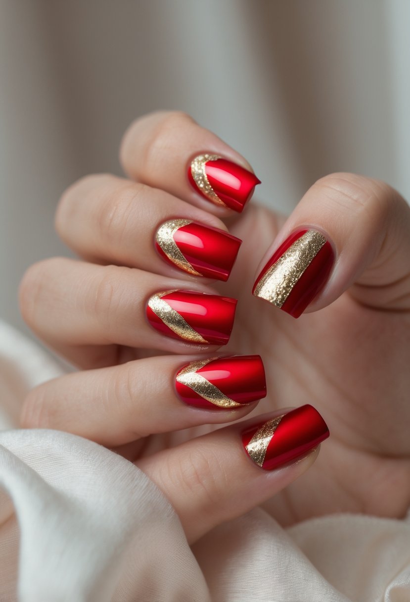 Close-up of a hand with square-shaped red nails decorated with gold chevron stripes.