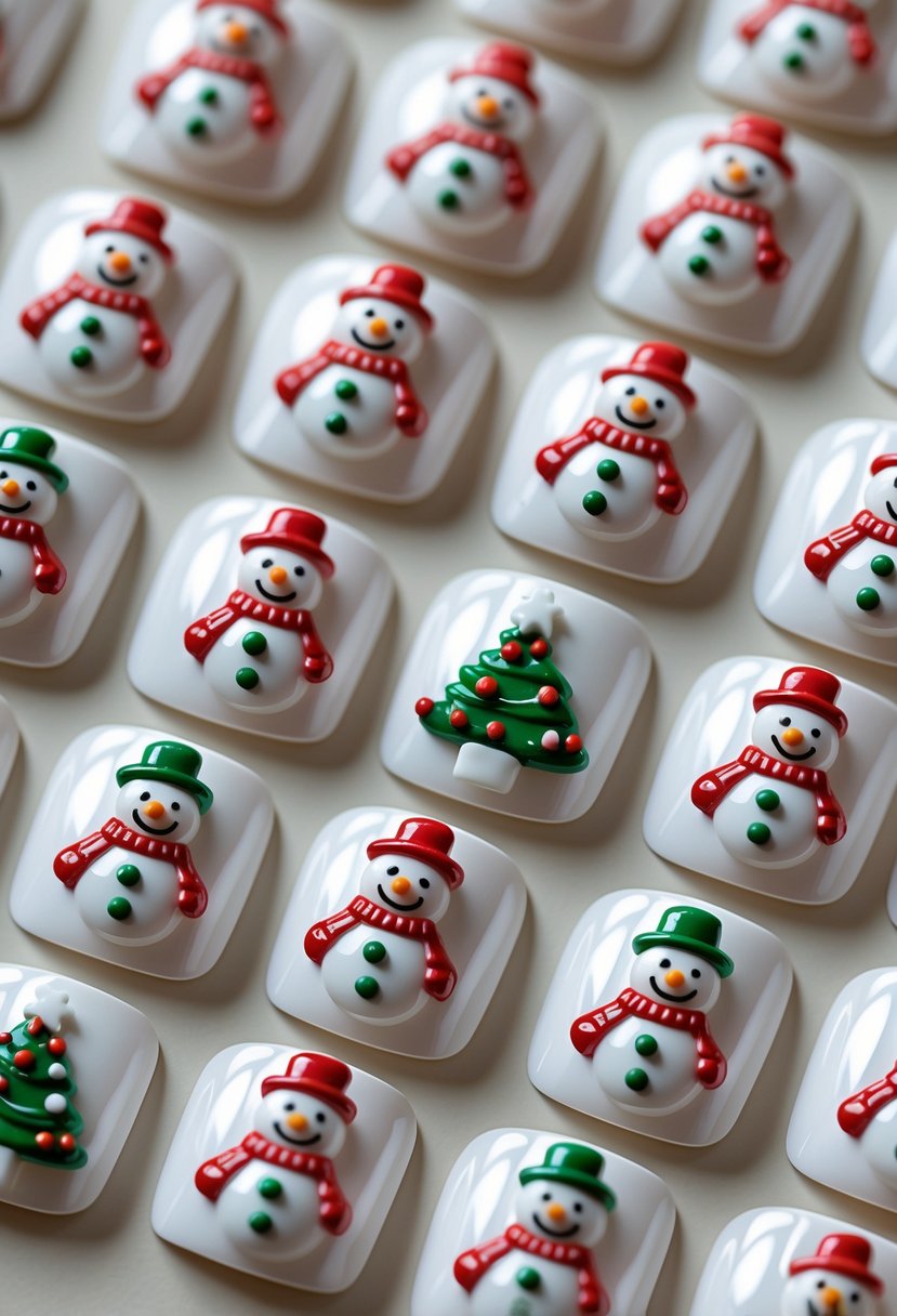A set of 24 square-shaped Christmas-themed artificial nails with 3D snowman decorations arranged on a neutral background.