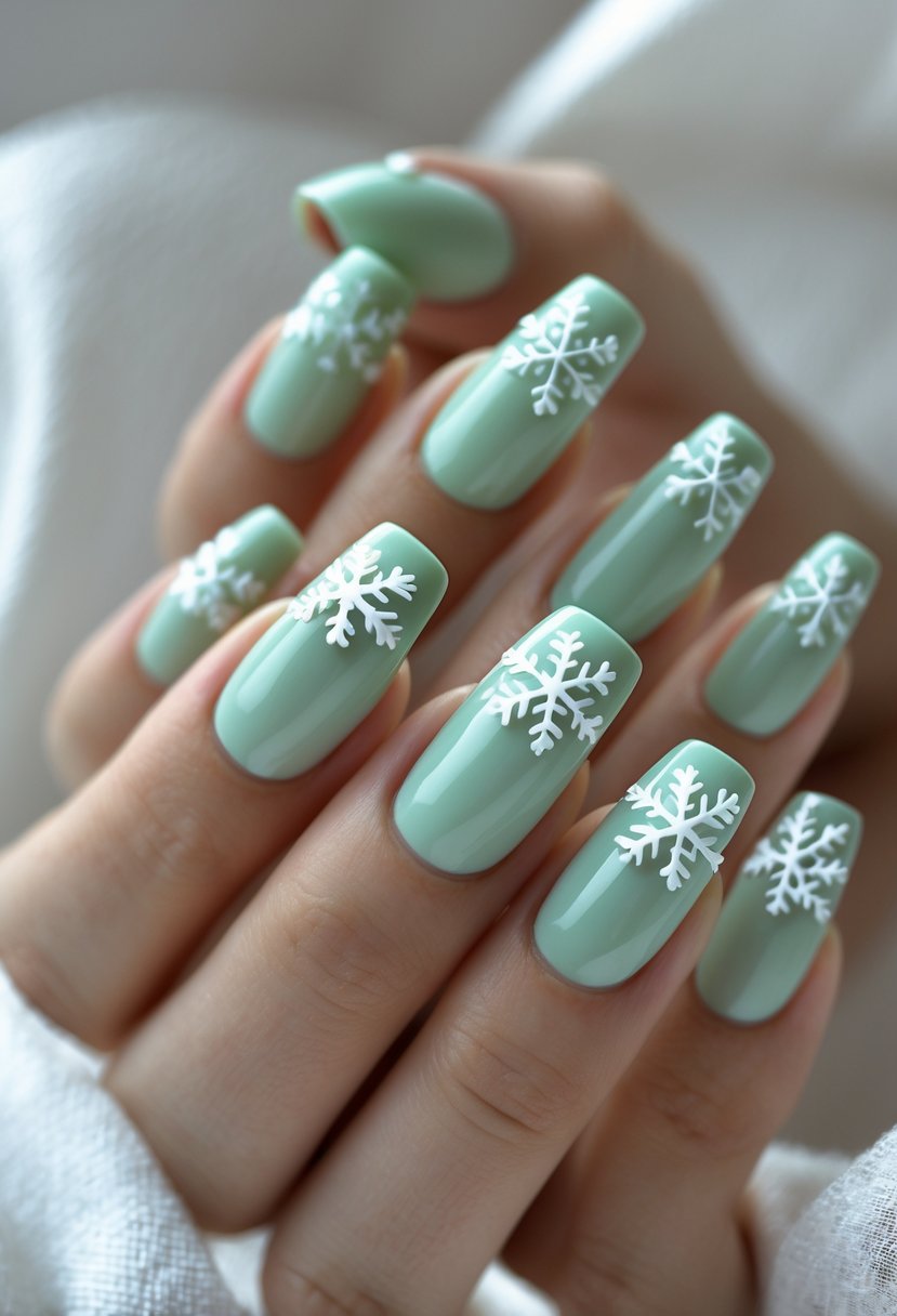 A set of 24 square-shaped nails with mint green ombre and white snowflake designs.