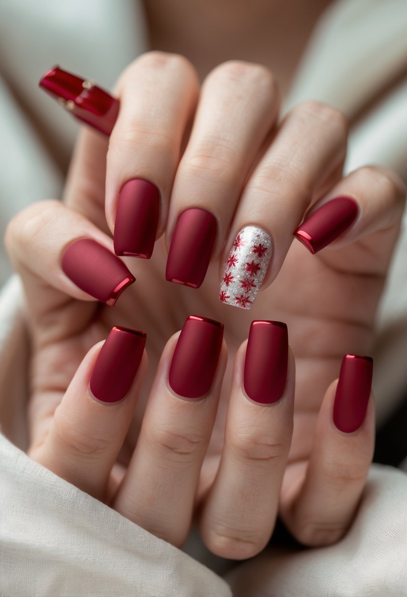 Close-up of hands with square-shaped cherry red nails featuring matte finish and glossy tips.