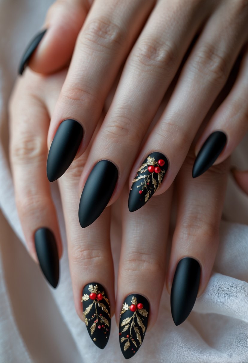 Close-up of hands with almond-shaped nails painted matte black with red and gold festive accents.