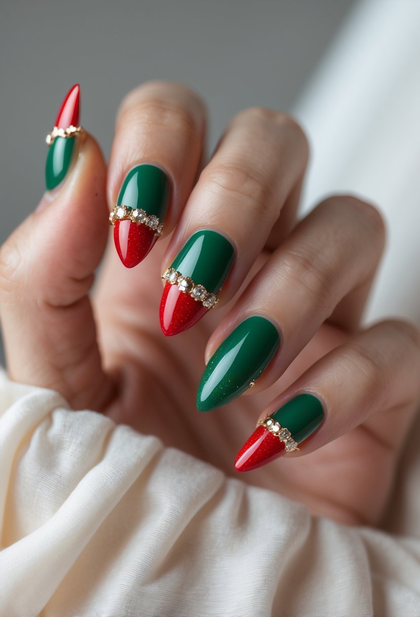 Close-up of a hand with 21 almond-shaped nails painted with red and green French tips.