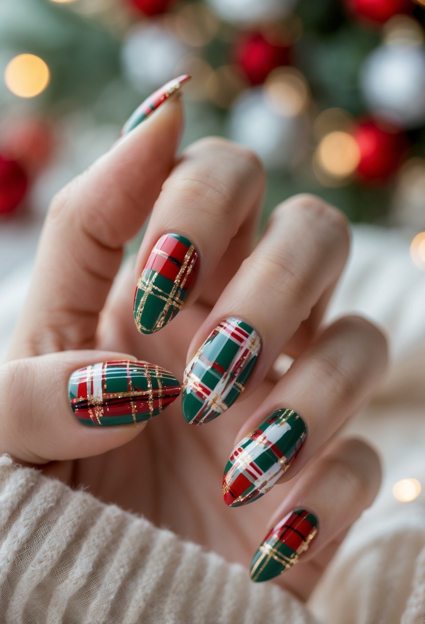 Close-up of a hand with almond-shaped nails painted in a red, green, white, and gold plaid pattern.