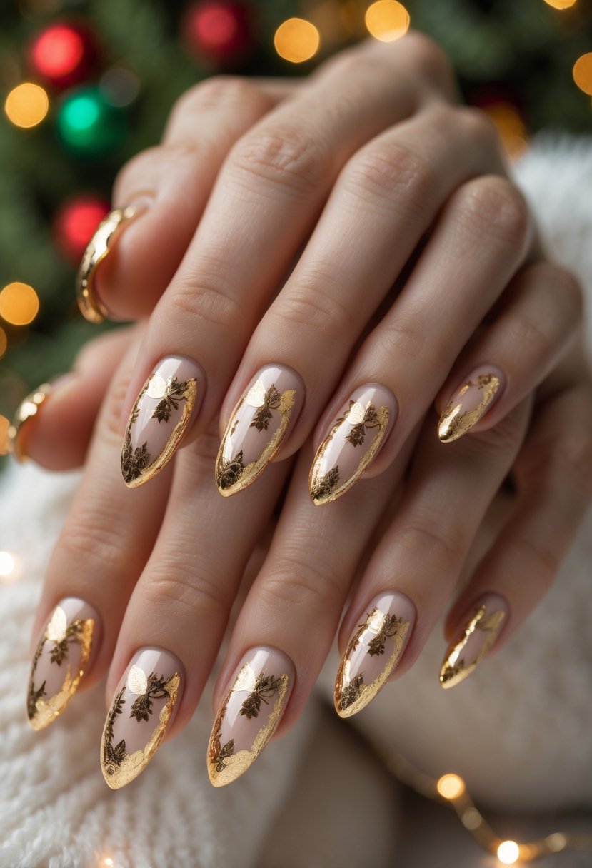 Close-up of hands with almond-shaped nails featuring gold foil designs against a festive Christmas background.