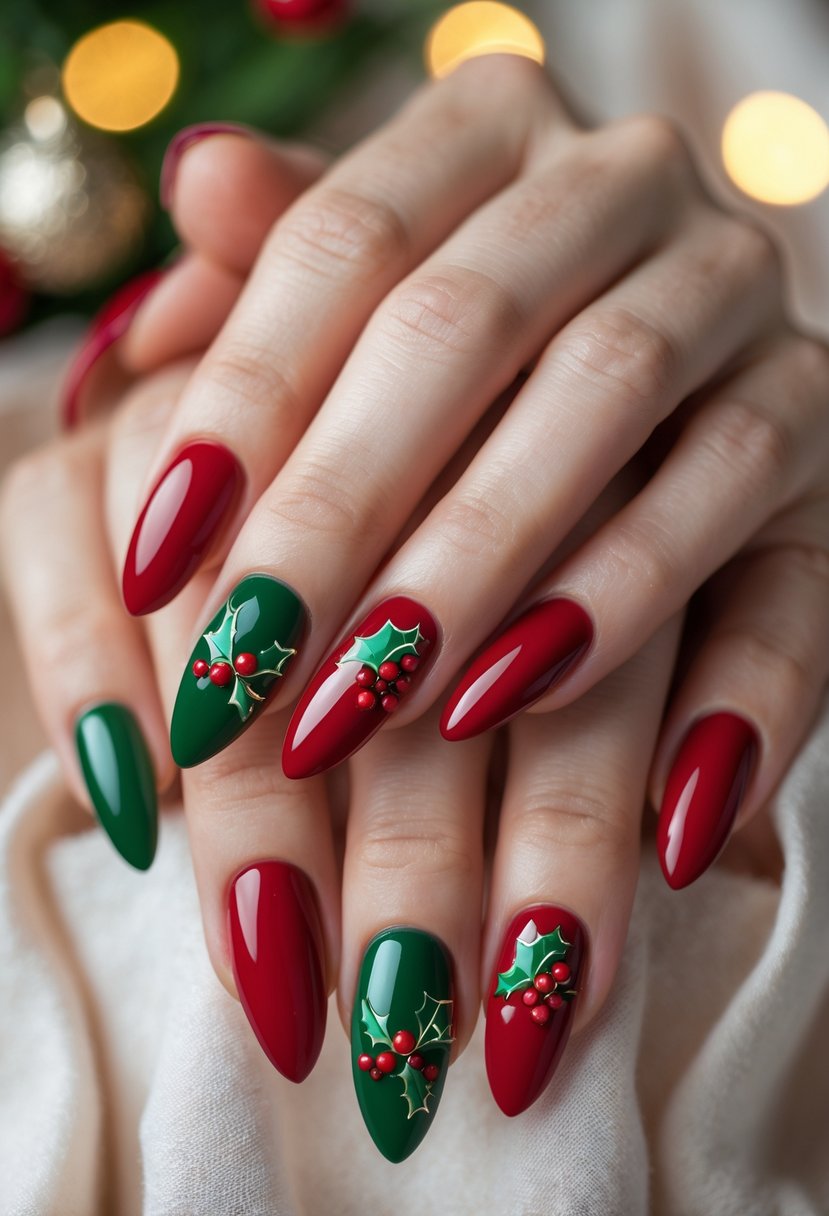 Close-up of hands with almond-shaped nails painted in red and green with holly berry designs.