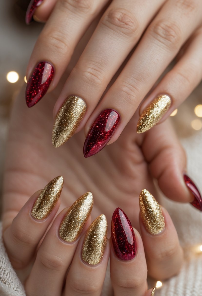 Close-up of both hands showing almond-shaped nails with red and gold glitter gradient nail polish.