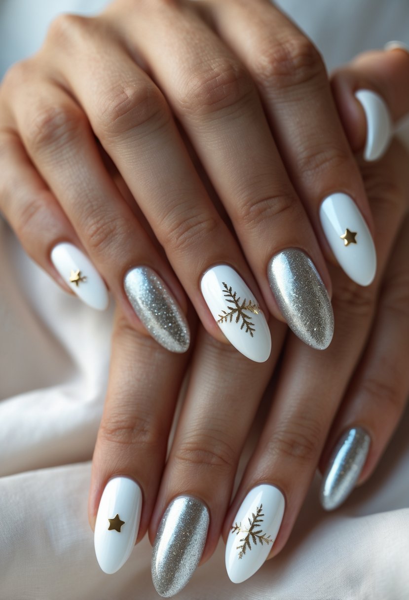 Close-up of hands with almond-shaped silver and white nails decorated for Christmas.