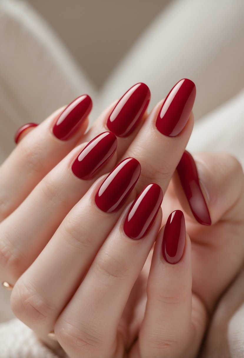 Close-up of hands with glossy cherry red nail polish on neatly manicured nails against a neutral background.