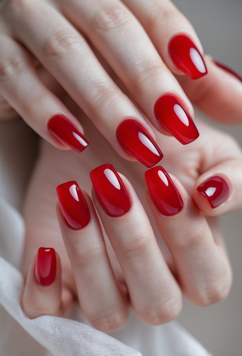 Close-up of hands with glossy cherry red jelly texture nails against a neutral background.
