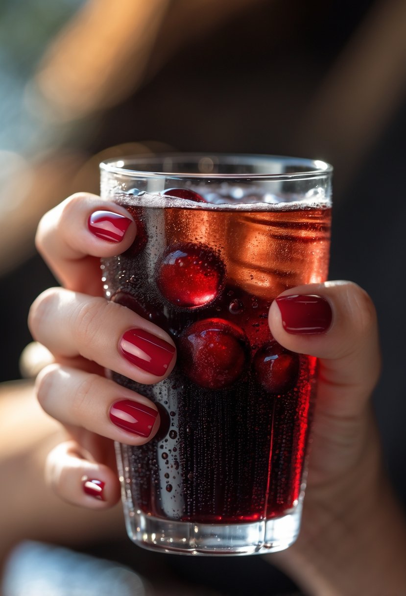 Close-up of a hand with cherry red painted nails holding a glass of cherry cola with condensation.