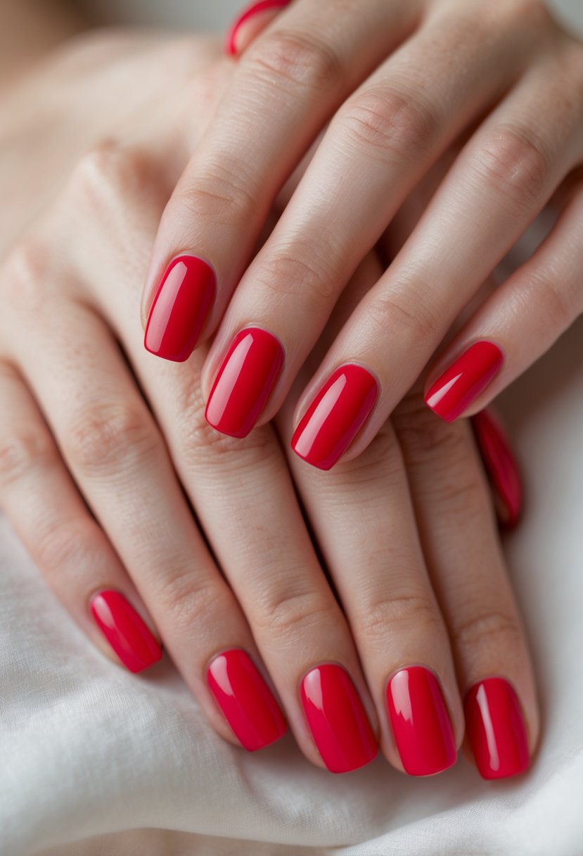 Close-up of hands with short cherry red painted nails against a neutral background.