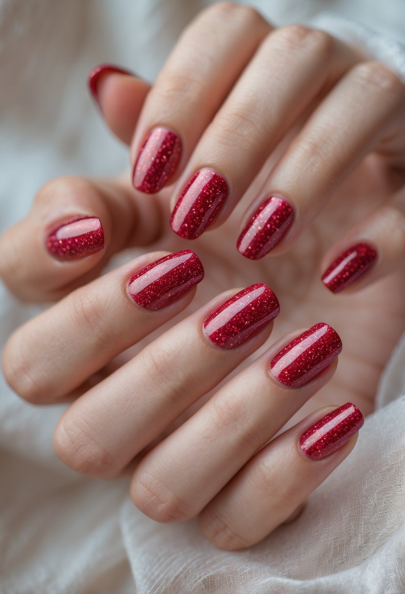 Close-up of hands with glittery cherry red nails against a neutral background.