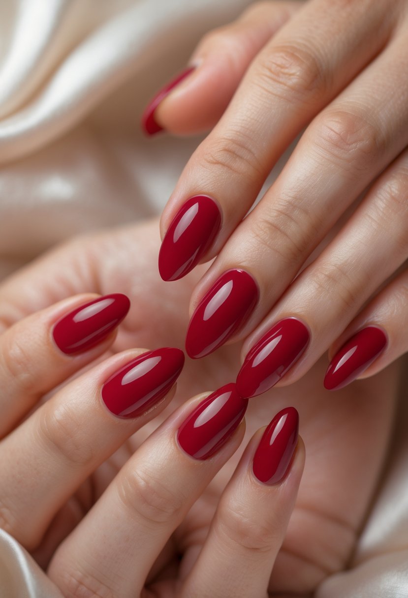 Close-up of two hands with almond-shaped cherry red nails on a neutral background.