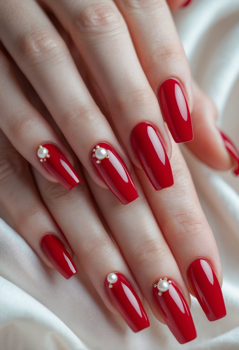 Close-up of hands with cherry red polished nails and pearl decorations on some nails.