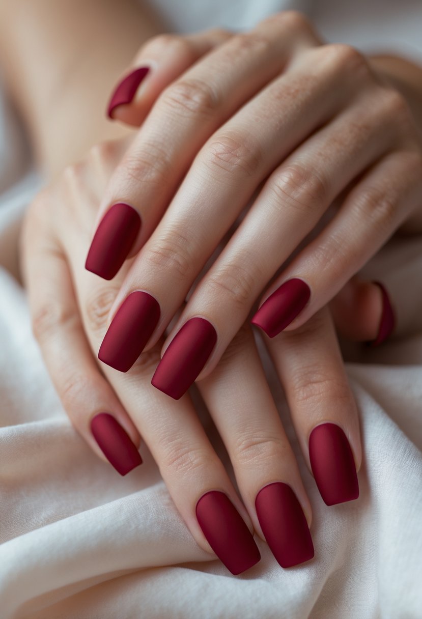 Close-up of hands with medium-length matte cherry red painted nails resting on a neutral background.