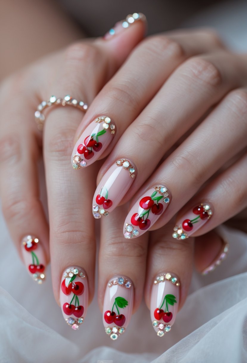Close-up of hands with red cherry-themed nails decorated with rhinestones.