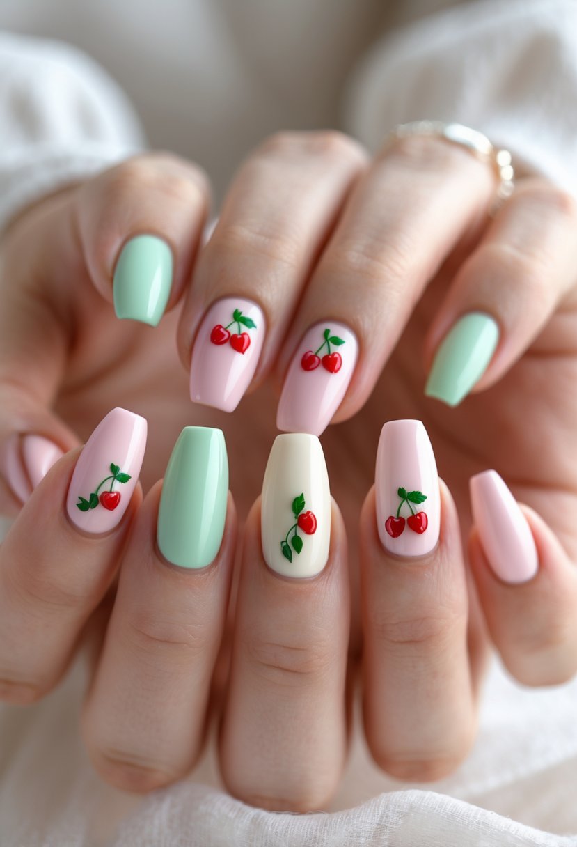 Close-up of hands with pastel-colored nails decorated with small cherry designs.
