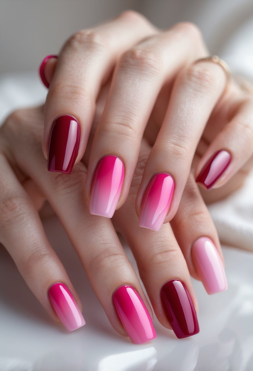Close-up of hands with cherry ombre gradient nails on a neutral background.