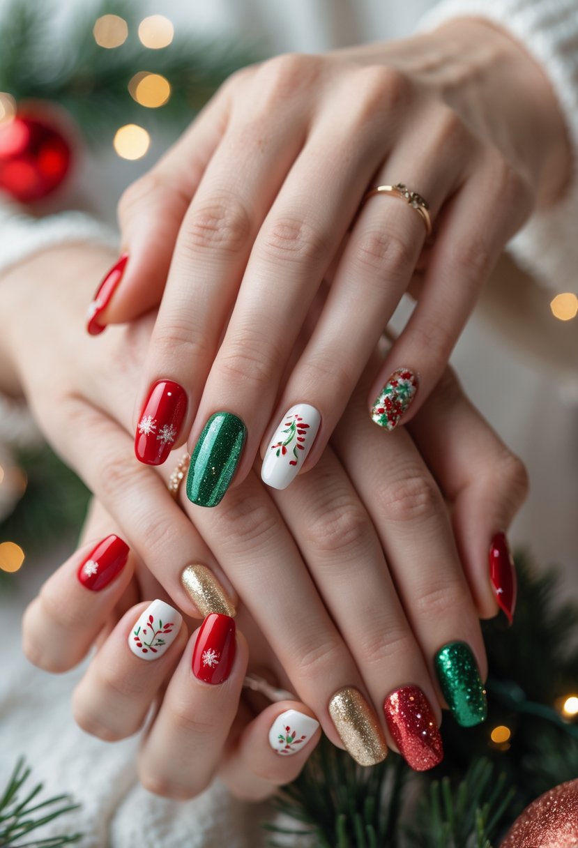 Close-up of hands with festive holiday-themed manicured nails featuring red, green, snowflakes, glitter, and gold designs.