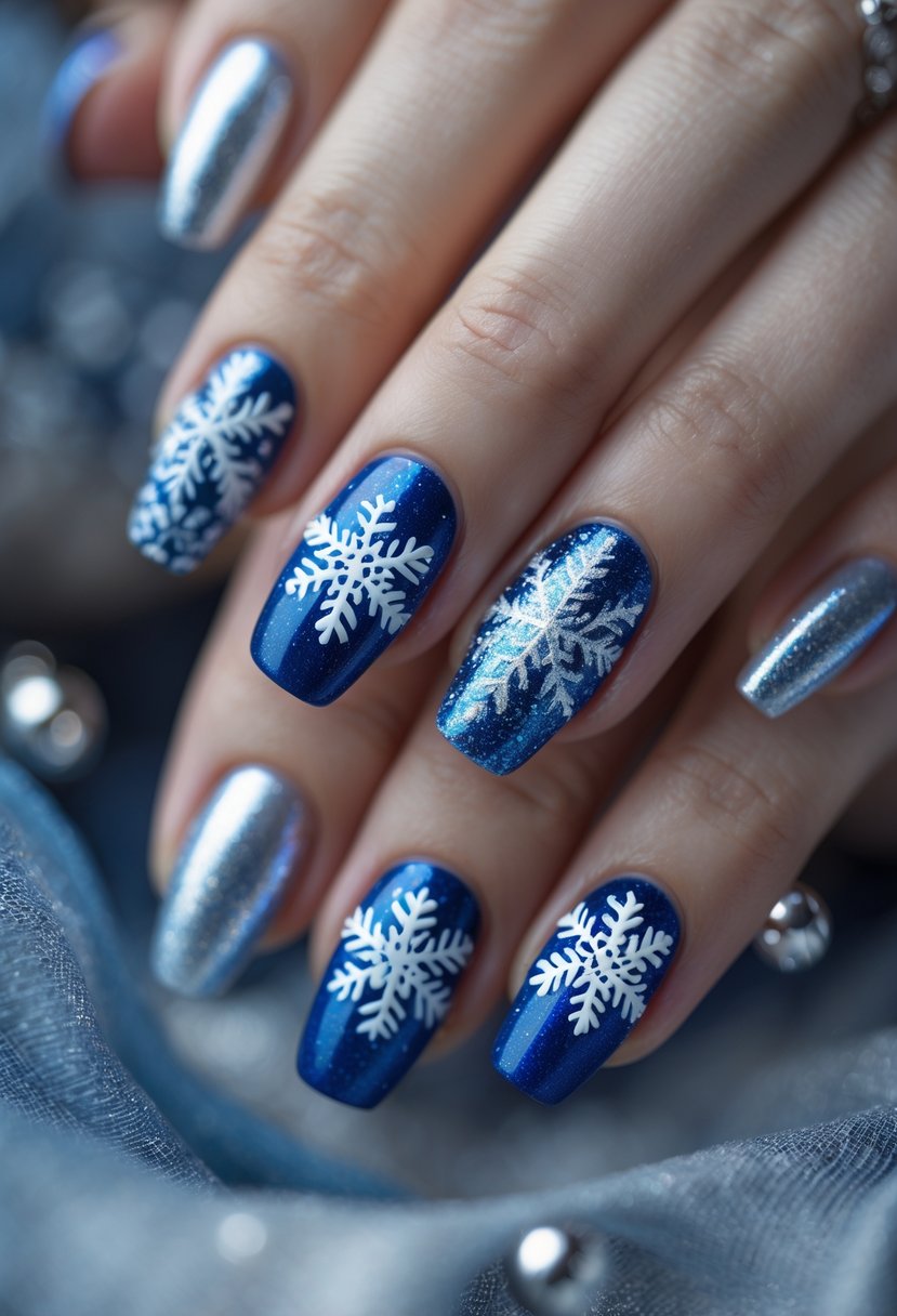 Close-up of hands with blue and silver nails decorated with snowflake designs.