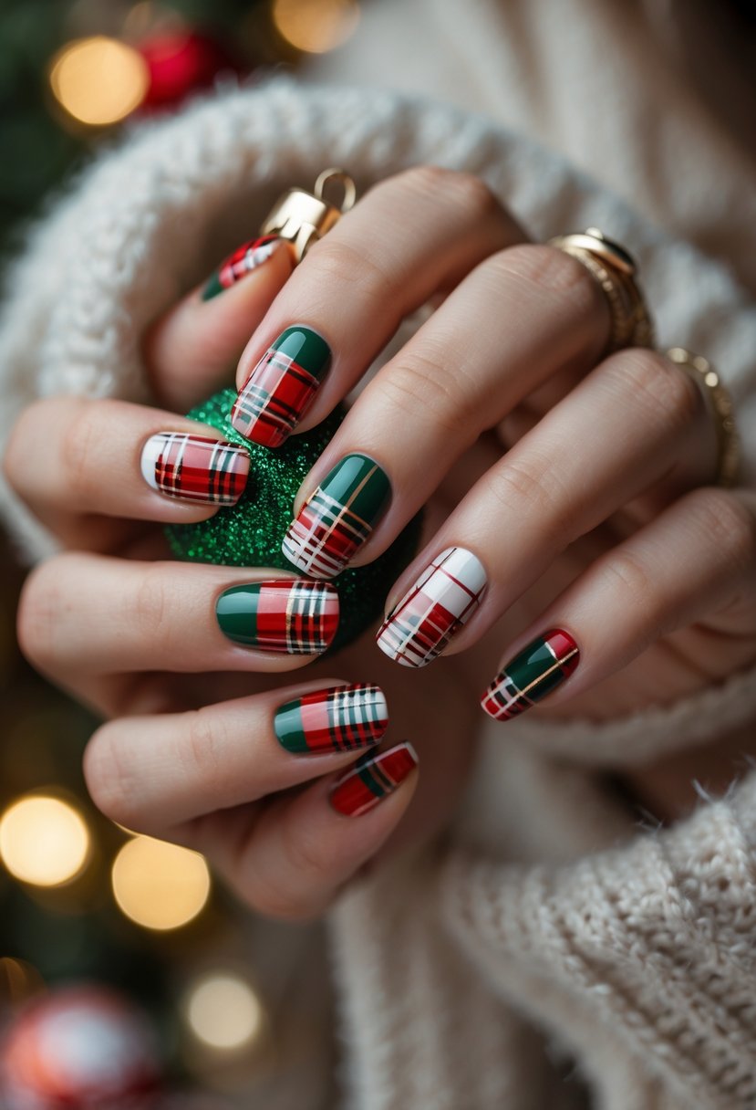 Close-up of hands with plaid holiday nail art holding a small holiday ornament against a warm, blurred background.