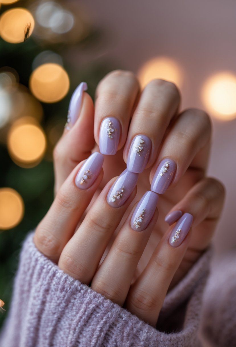 Close-up of hands with lavender-colored nails featuring sparkling accents against a softly lit background.