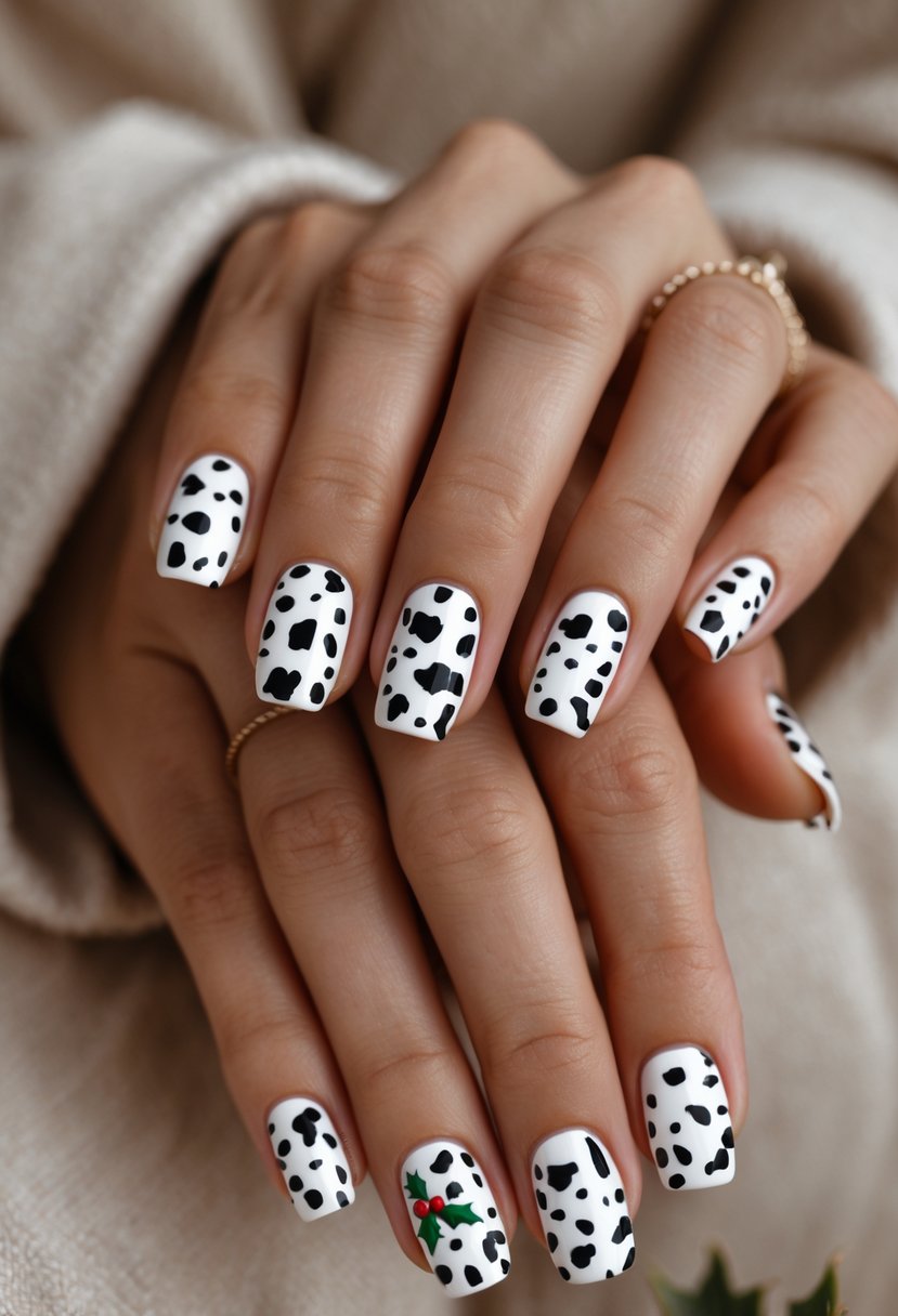 Close-up of hands with medium-length nails painted in a white and black cow print design with small red and green holiday accents.