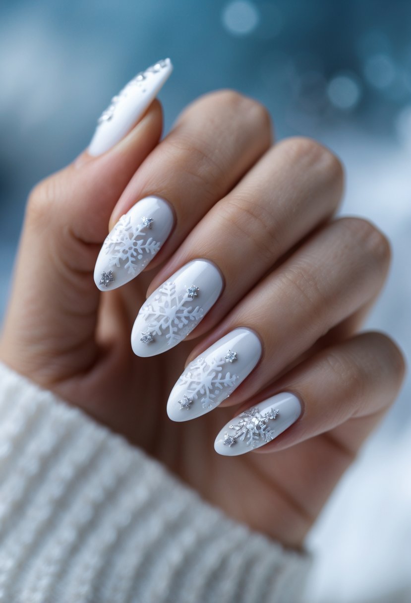 Close-up of a hand with white nails decorated with snowflake designs and silver glitter.