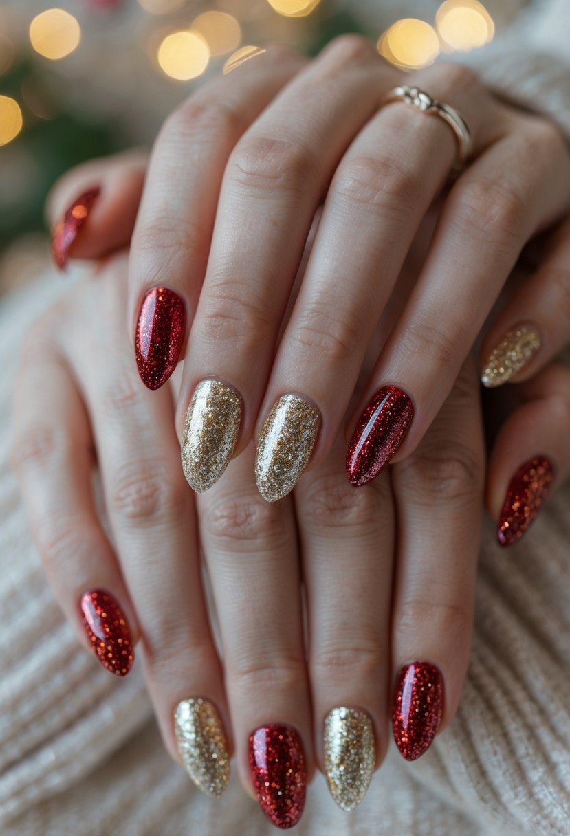 Close-up of hands with short squoval-shaped nails painted in sparkling red, gold, and silver holiday colors.