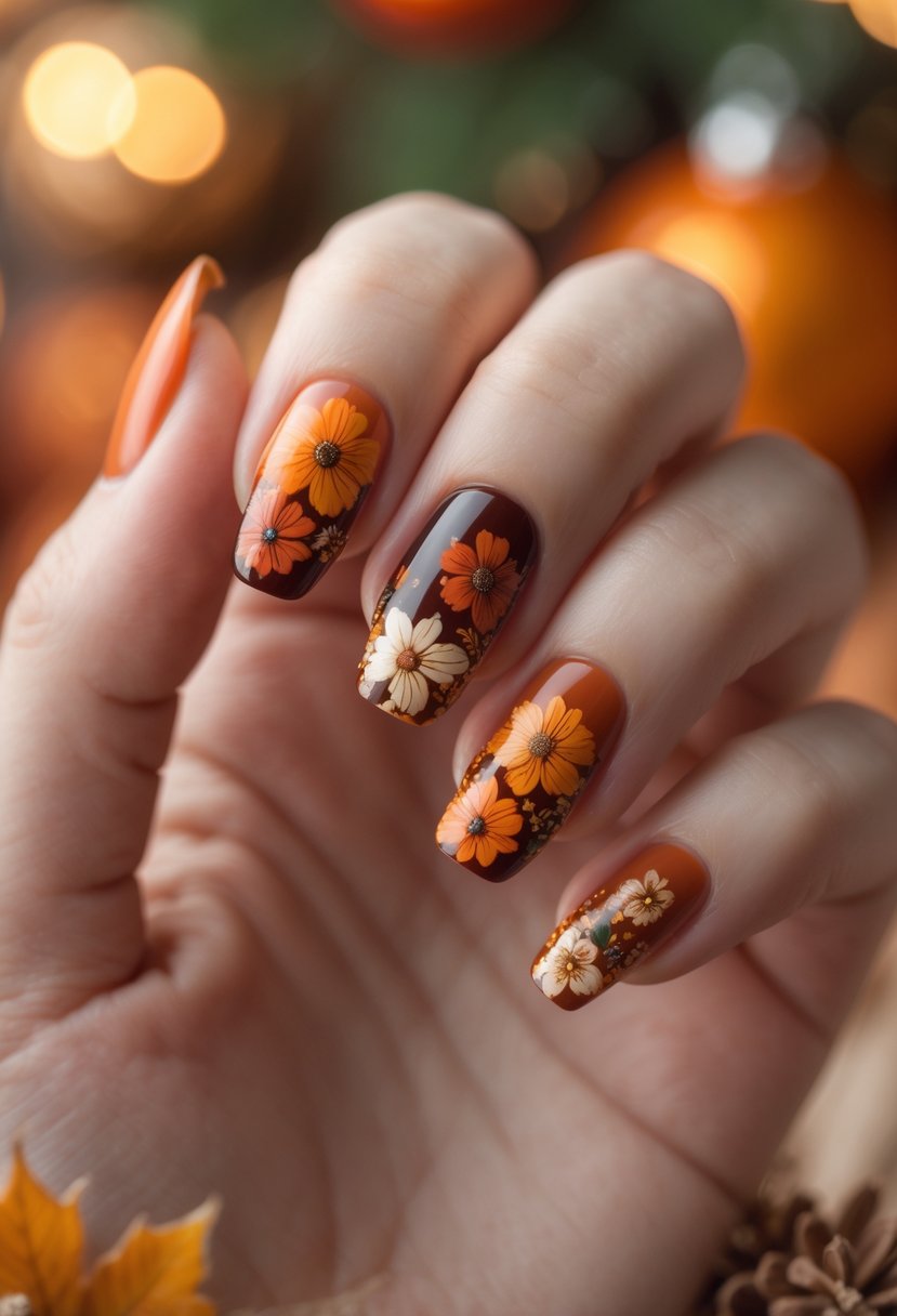 Close-up of a hand with fall-colored flower nail art featuring warm autumn shades on neatly manicured nails.