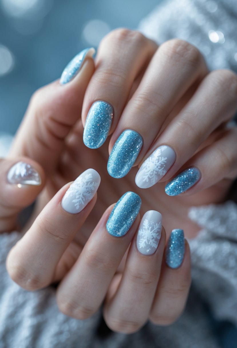 Close-up of hands with ice blue and white glitter holiday-themed manicured nails.