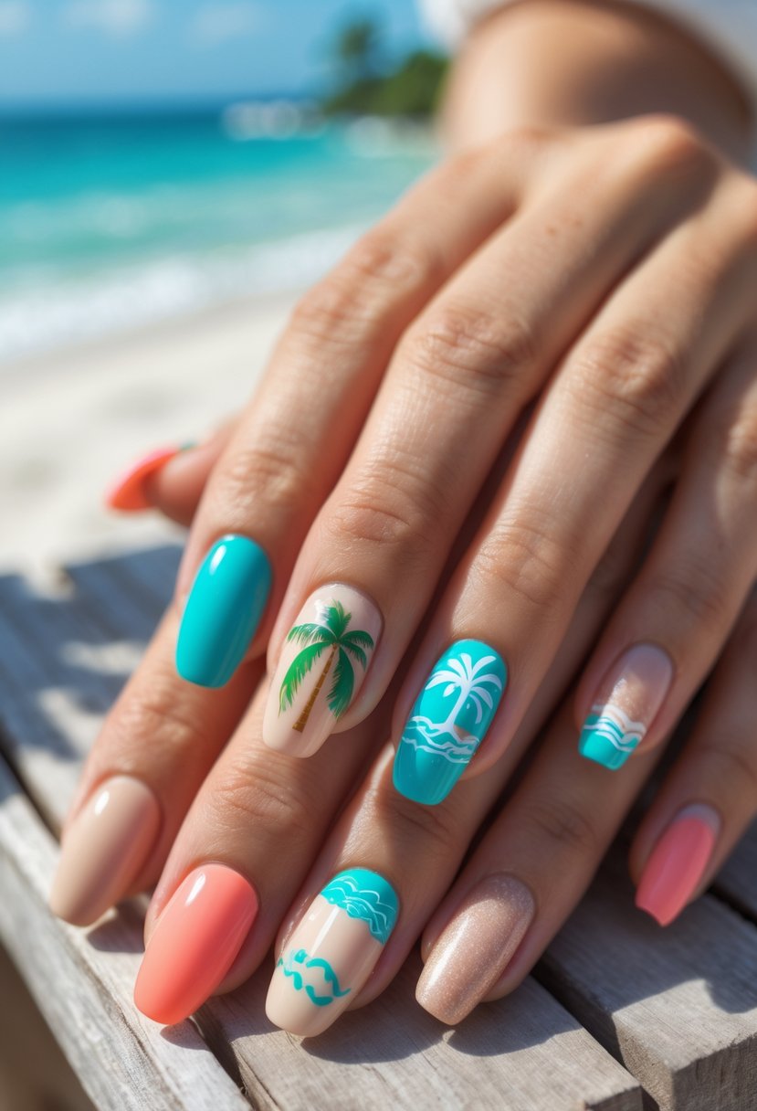 Close-up of hands with tropical-themed manicured nails near a beach with sand and ocean in the background.