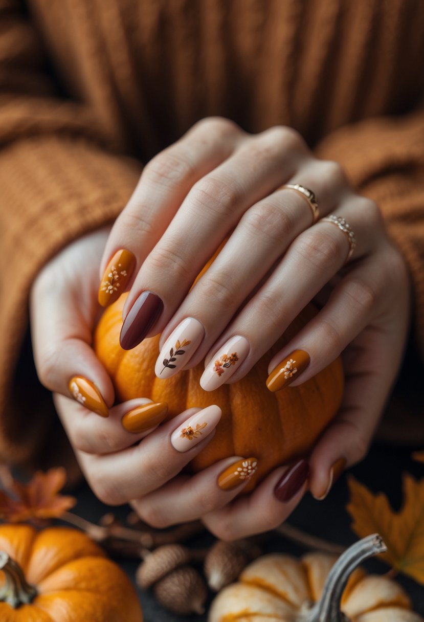 Close-up of hands with fall-themed floral nail art holding a small pumpkin surrounded by autumn leaves and acorns.
