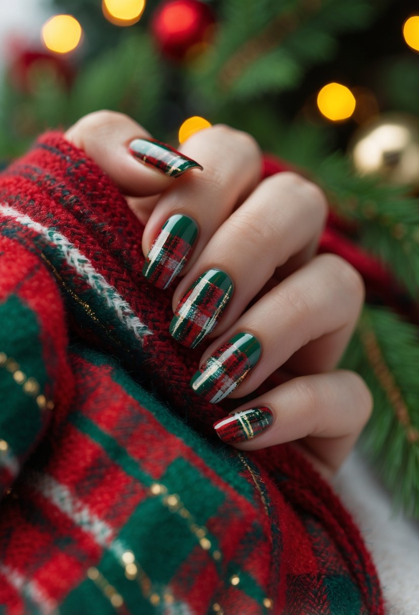 Close-up of hands with red and green plaid patterned nails holding a matching plaid scarf with holiday lights in the background.