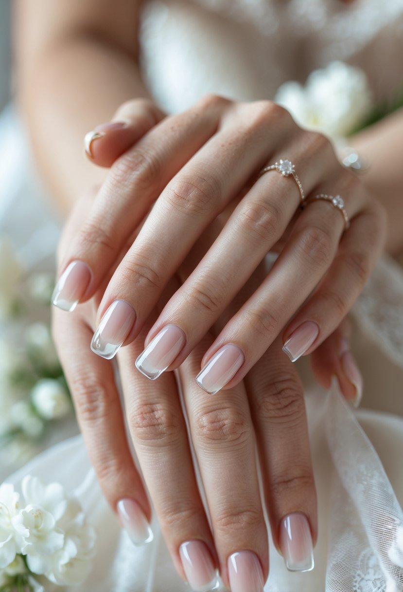 Close-up of hands with clear, shiny glass nails posed gently against a soft background with wedding-themed elements.