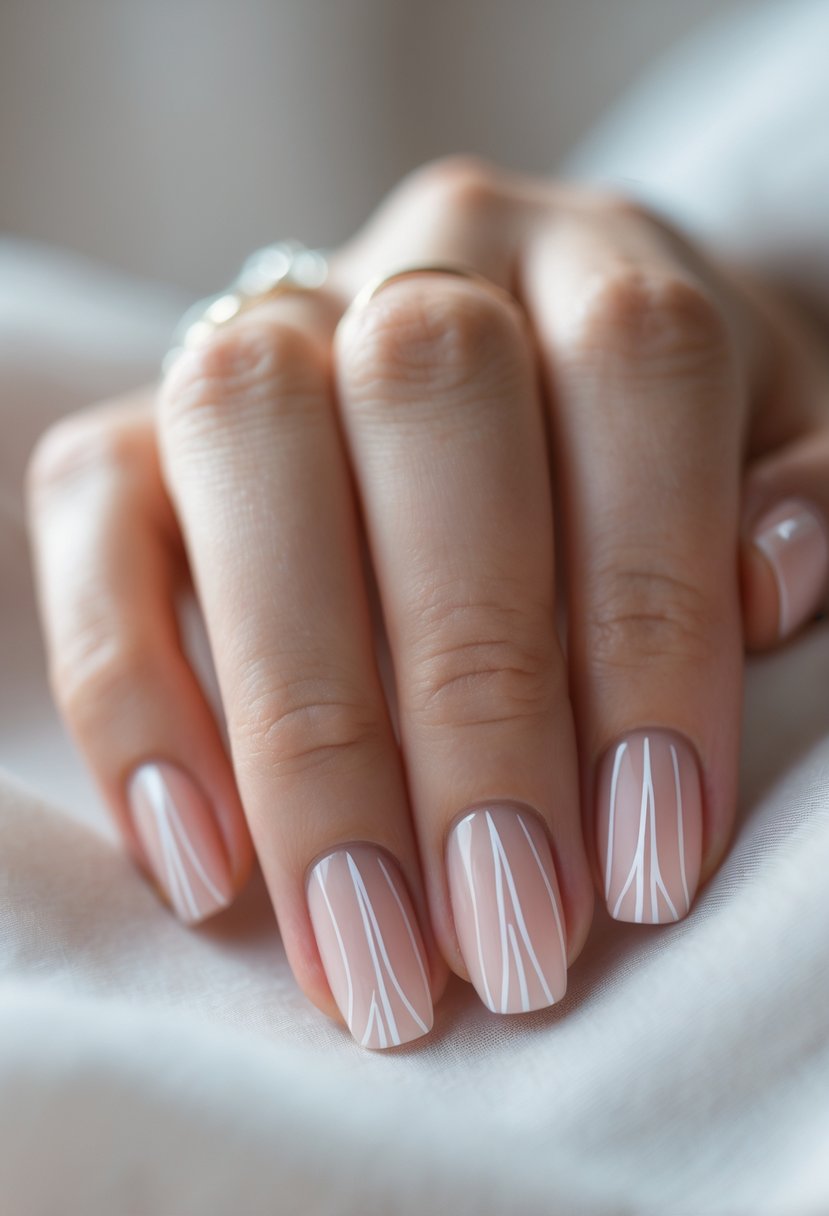 Close-up of a hand with sheer pink nails decorated with thin white lines.