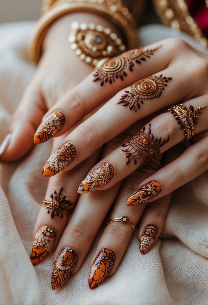 Close-up of hands with detailed henna-inspired nail designs posed against a neutral background.