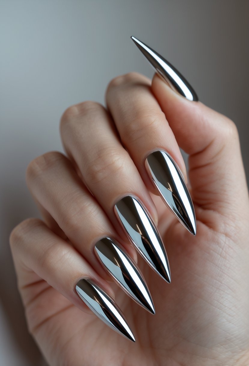 Close-up of a hand with long, sharp stiletto nails featuring shiny chrome tips.