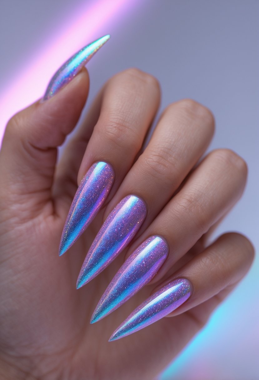 Close-up of a hand with 19 long, pointed holographic nails reflecting multiple colors.